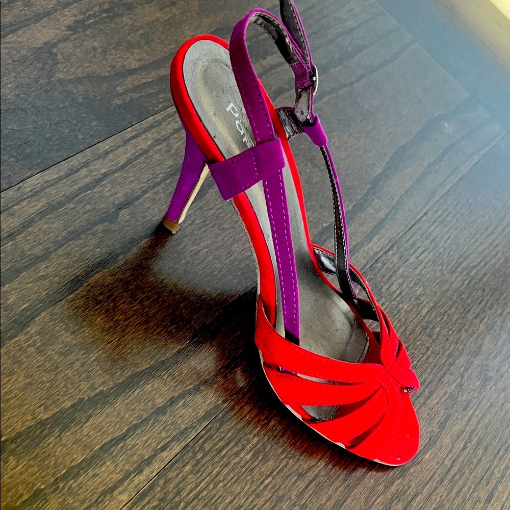 Paprika Red and Purple Heels with Elegant Design